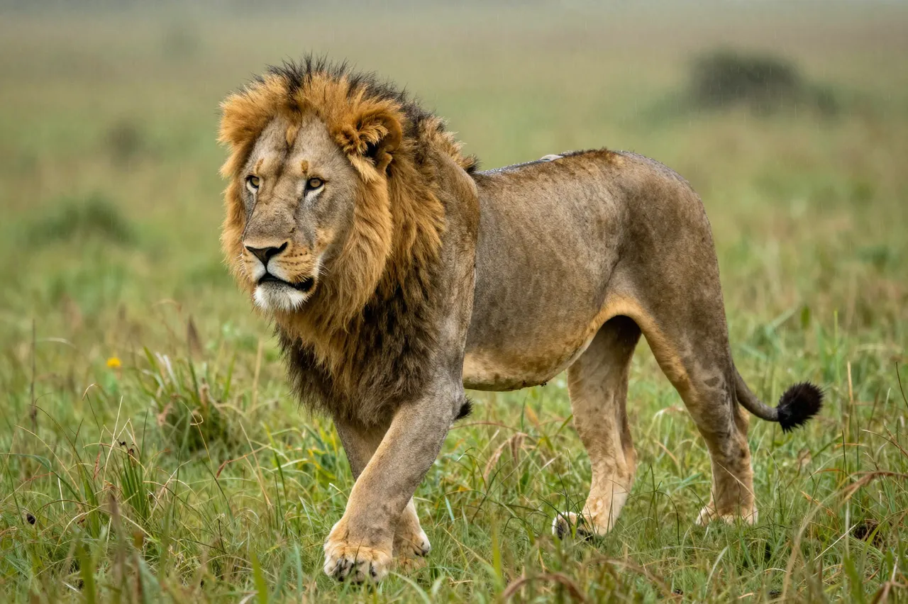 A mature male lion with a thick mane walks slowly through tall savanna grass during light rain