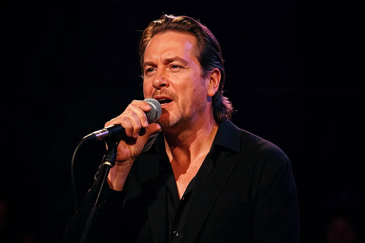 A middle-aged man sings into a handheld microphone against a dark stage background