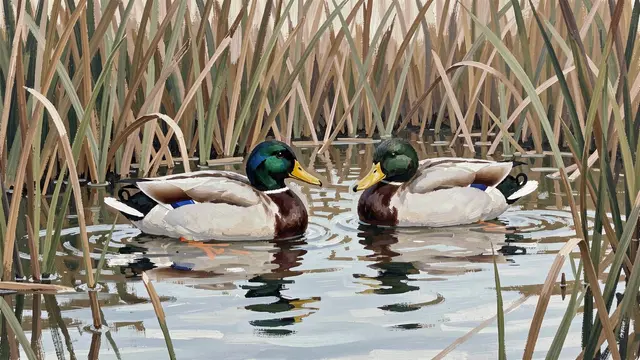 Gouache painting of two mallard drakes floating on calm still water surrounded by tall reeds