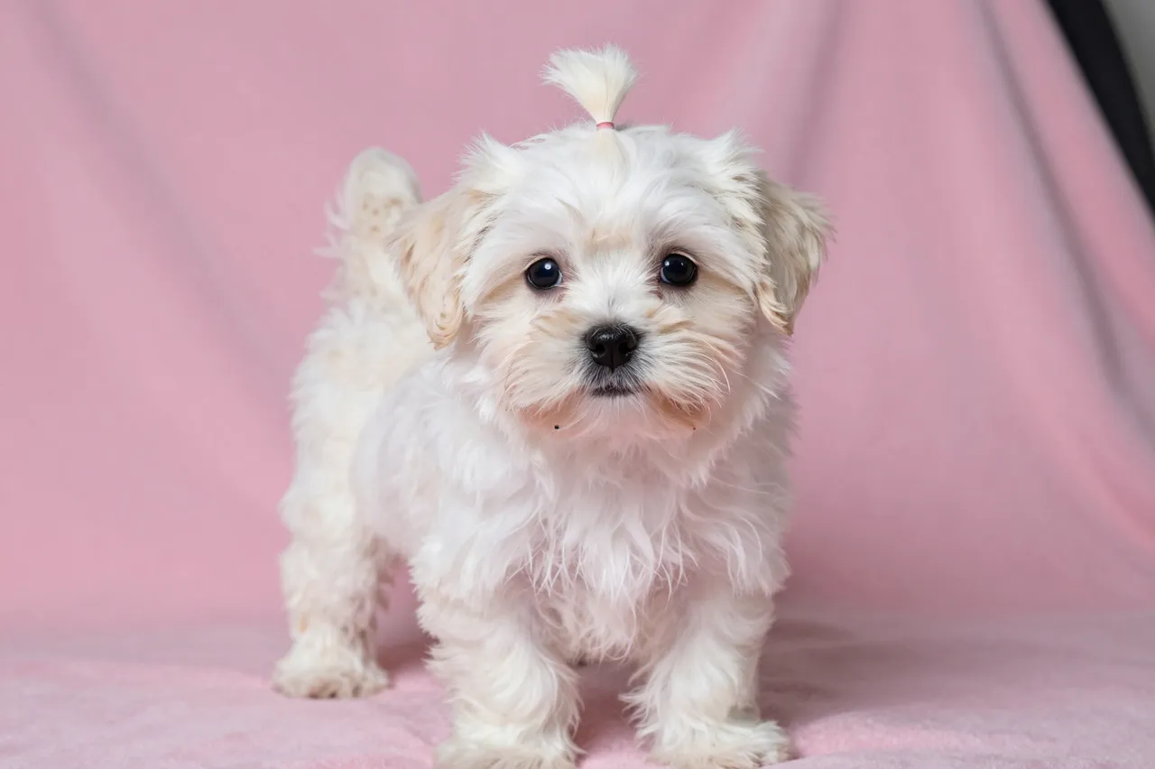 A fluffy white maltese puppy with a tiny tied topknot stands on a soft pink blanket facing the camera.