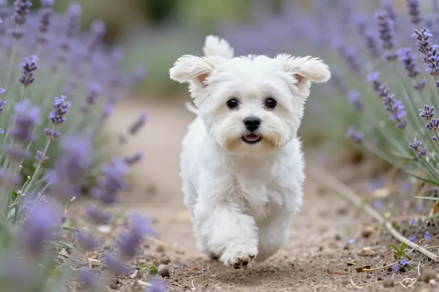A fluffy white Maltese puppy with flying ears runs toward the camera along a dirt path lined with blooming lavender.