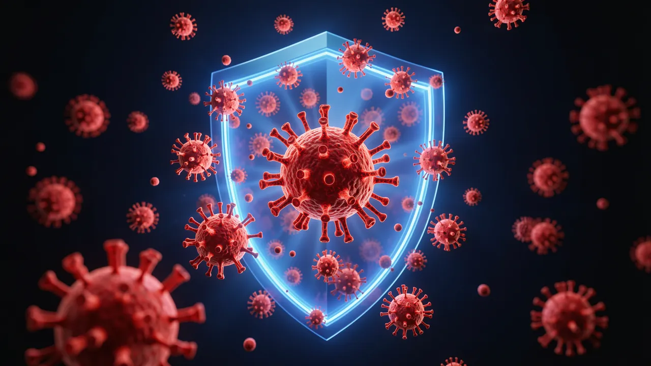 Glowing blue light shield repels swarming red virus particles against a dark background