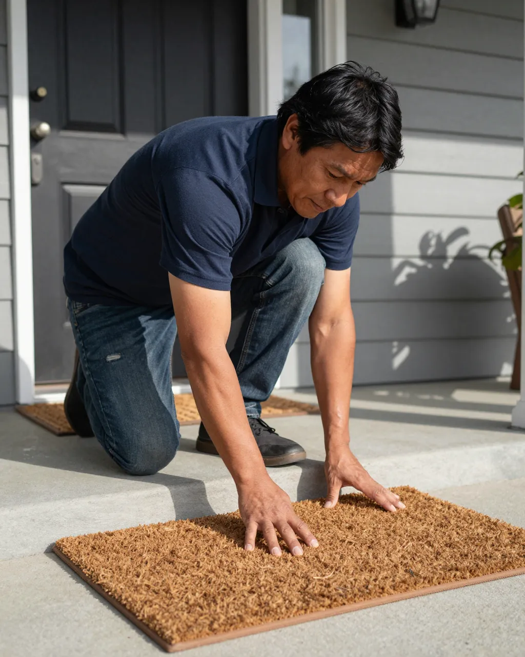 An Indigenous man kneels on home front steps adjusting a coir doormat in bright morning sunlight