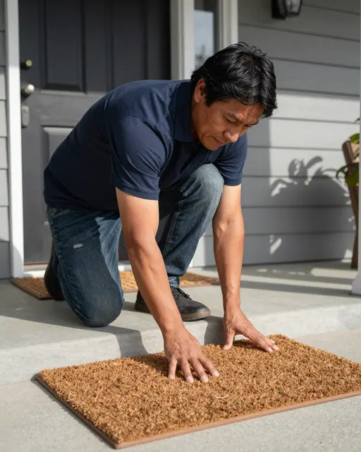 An Indigenous man kneels on home front steps adjusting a coir doormat in bright morning sunlight