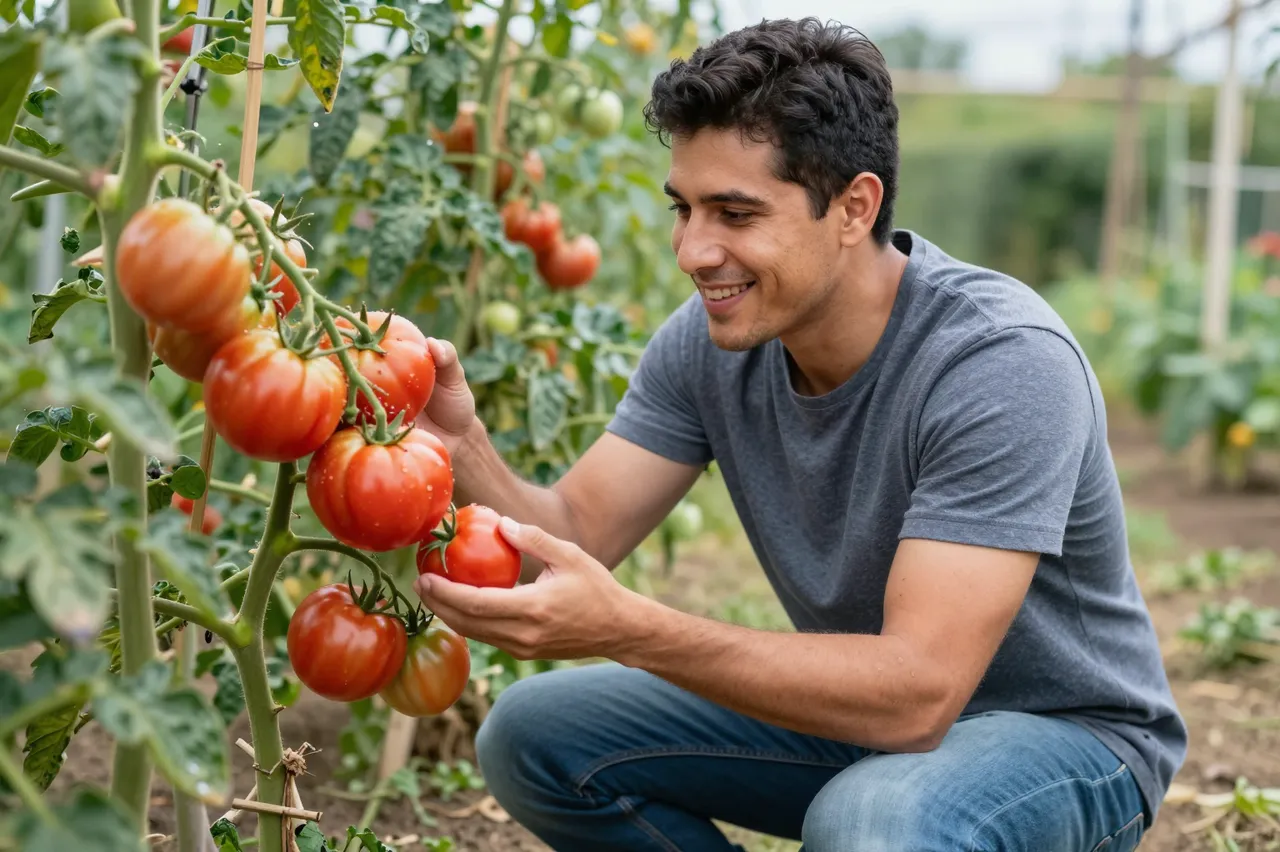 Smiling Latino man kneeling to examine ripe tomatoes on a garden plant