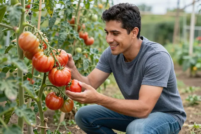 Smiling Latino man kneeling to examine ripe tomatoes on a garden plant