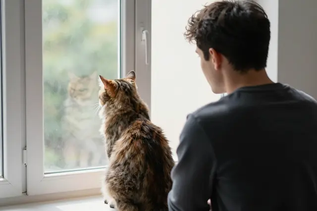 Seen from behind, a man and longhair tabby cat sit side by side looking out a bright window.