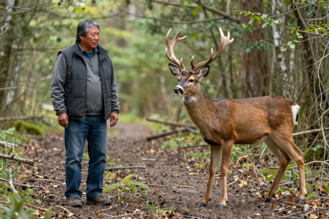 An older Indigenous man stands on a forest trail looking at a large buck deer standing ahead of him.