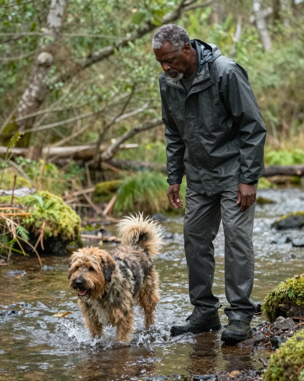 A senior Black man in a rain jacket watches his shaggy dog splash through a shallow forest stream