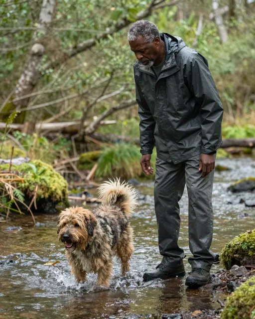 A senior Black man in a rain jacket watches his shaggy dog splash through a shallow forest stream