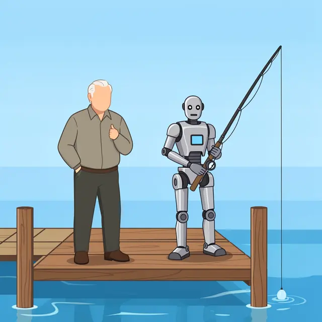 A faceless older man and a humanoid robot stand side by side on a wooden dock fishing over calm blue water