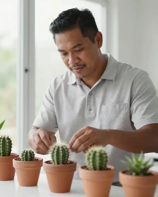 Pacific Islander man tends to small cacti in terracotta pots on a bright indoor windowsill