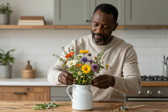 A middle aged Black man arranges a wildflower bouquet in an enamel jug on a wooden kitchen table