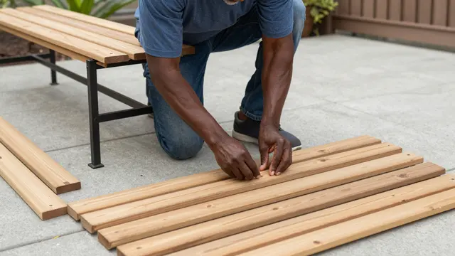 A senior Black man kneels on a paved patio arranging wooden slats while building a garden bench