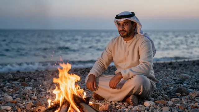 Middle Eastern man sits cross-legged next to a campfire on a pebble shore at dusk overlooking the calm sea
