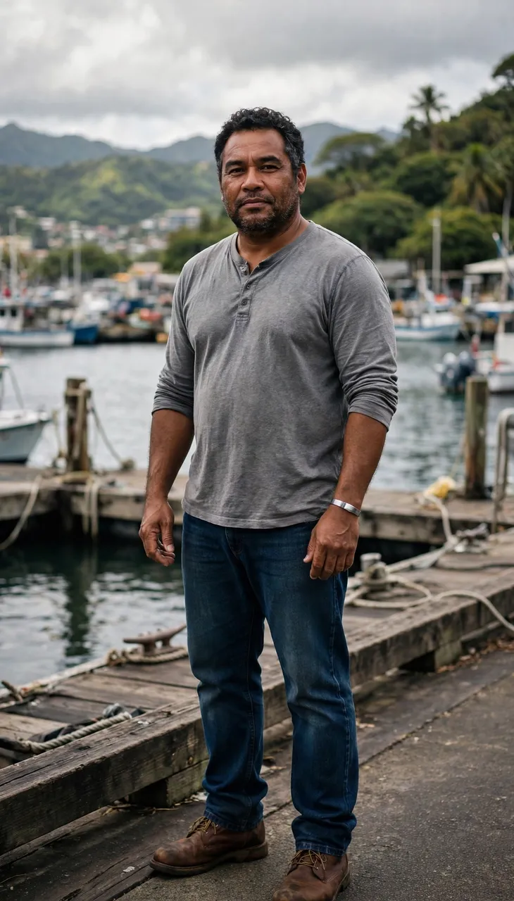 A middle-aged Pacific Islander man stands on a harbor dock with moored boats in the background