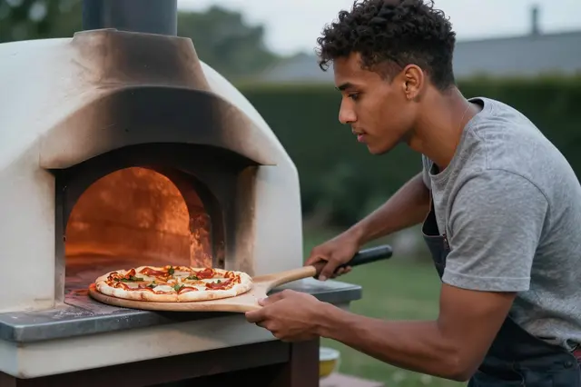 Mixed race man slides a homemade pizza into a backyard wood fired oven at dusk