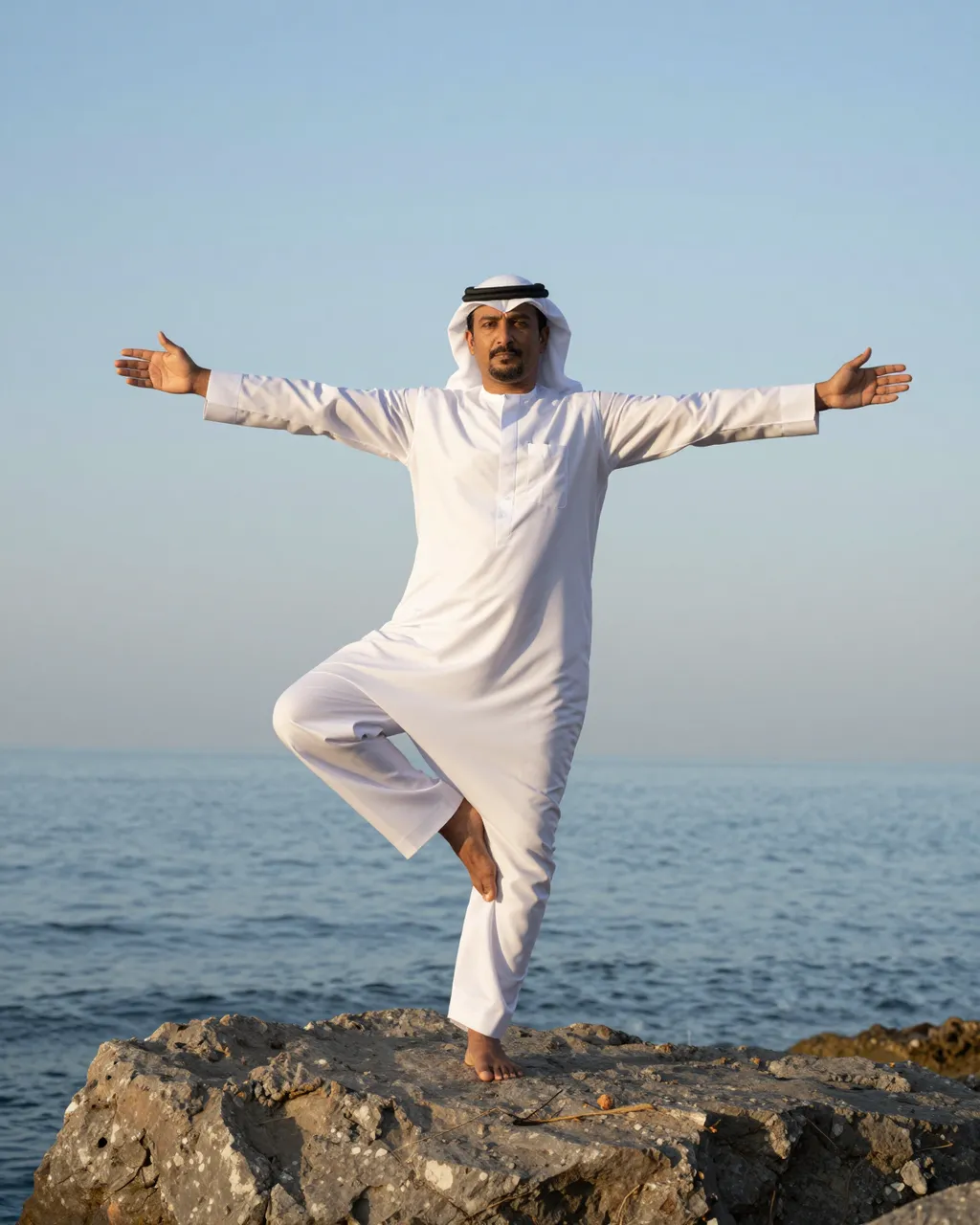Middle Eastern man in traditional clothing holds a tree pose balancing on one leg on a seaside rock at dawn