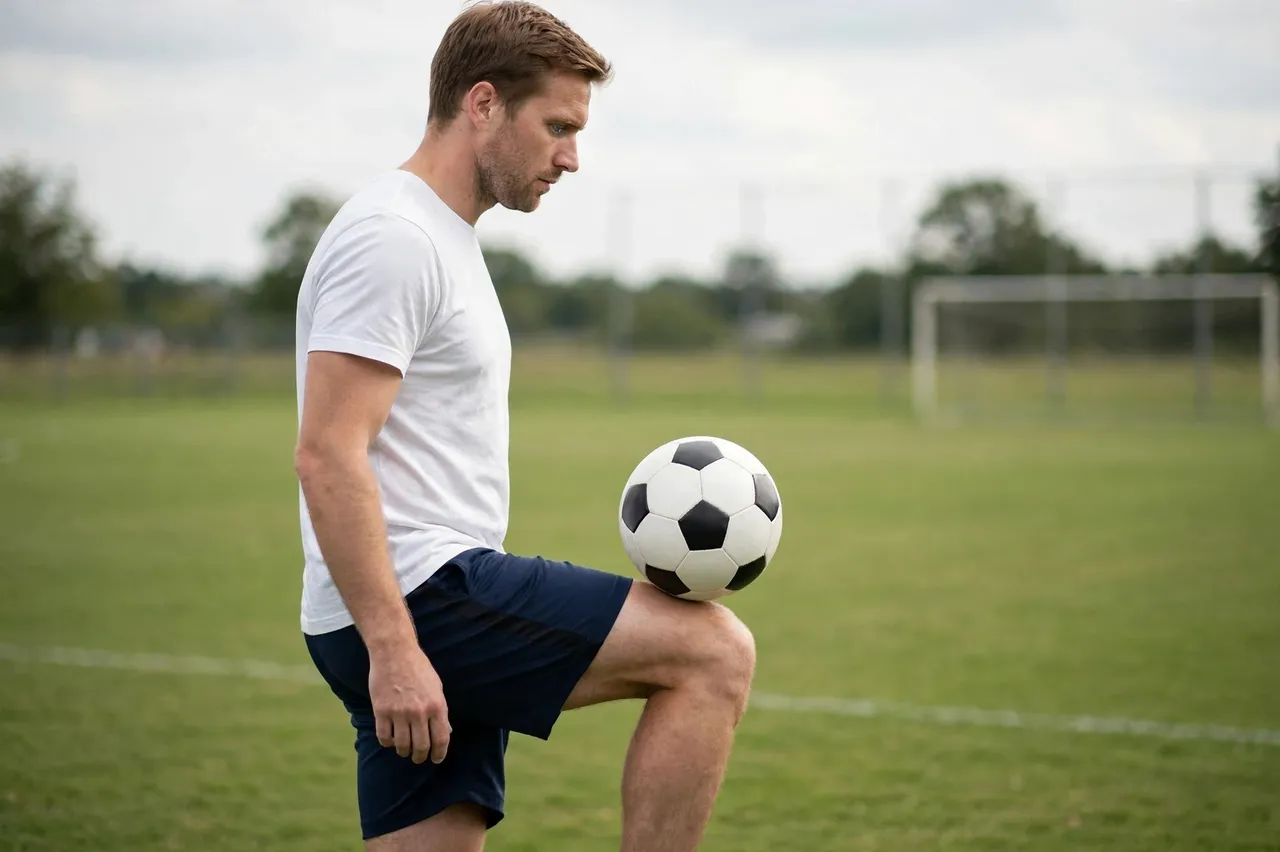 Side view of a man balancing a classic soccer ball on his raised knee on an empty grass soccer pitch