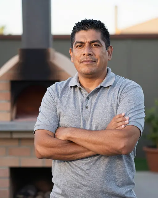 Latino man in his forties with crossed arms stands in front of a backyard brick outdoor oven in late afternoon light
