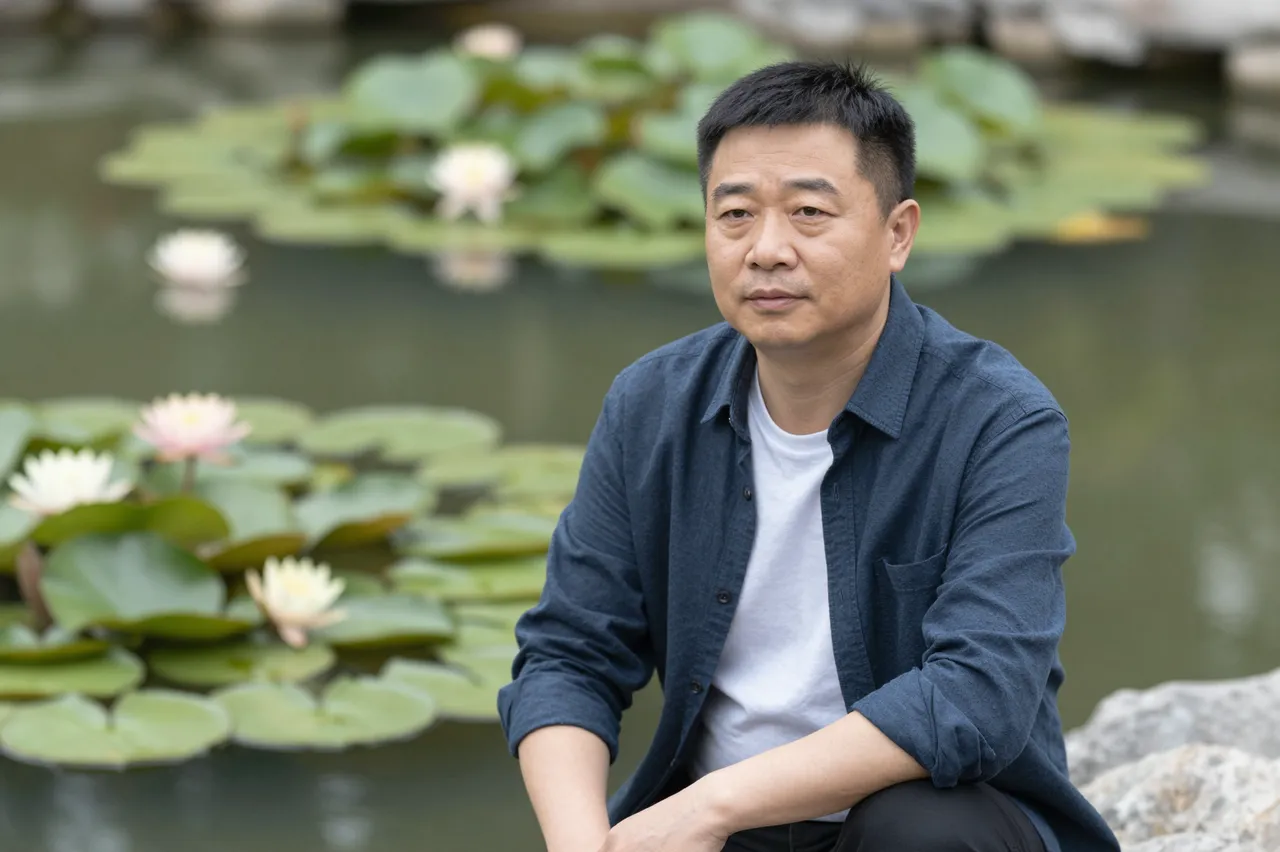 An East Asian man in his forties sits calmly beside a garden pond with blooming water lilies under soft overcast light.
