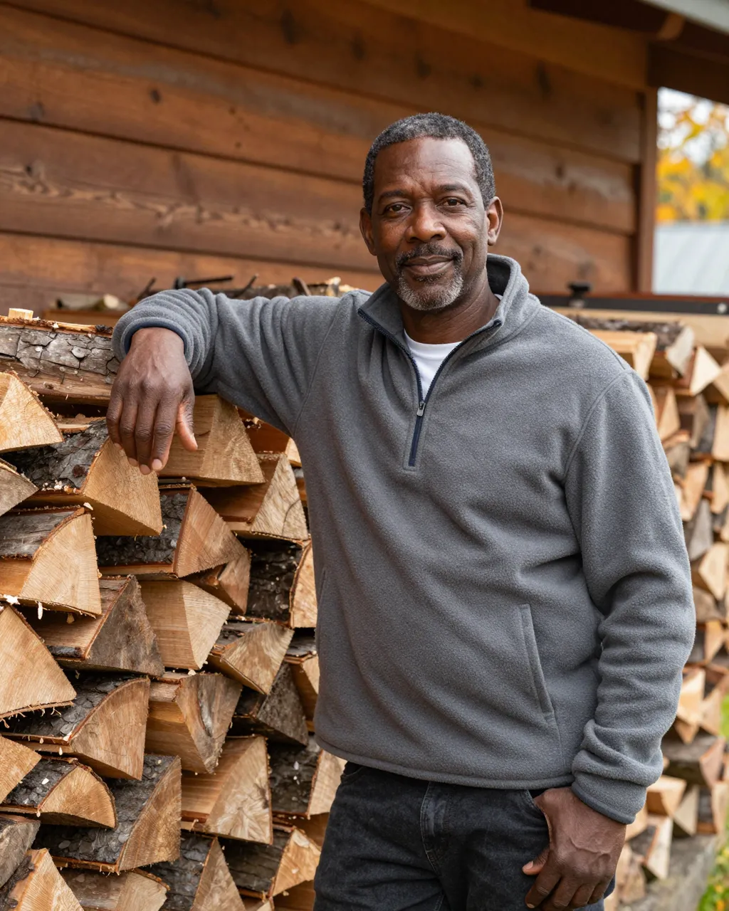 A Black man in his fifties leans against a stack of split firewood next to a log cabin wall in autumn.