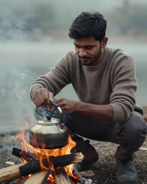 A South Asian man in a wool sweater adjusts a dented kettle over a campfire beside misty lake shore