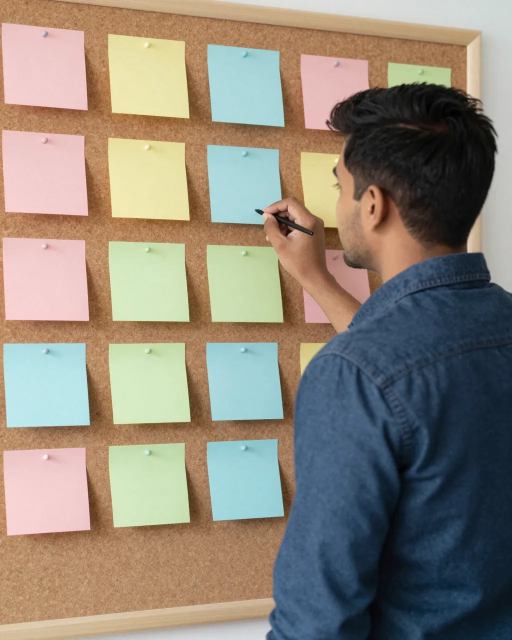 South Asian man holds a pen while reviewing pastel sticky notes pinned to a framed cork board