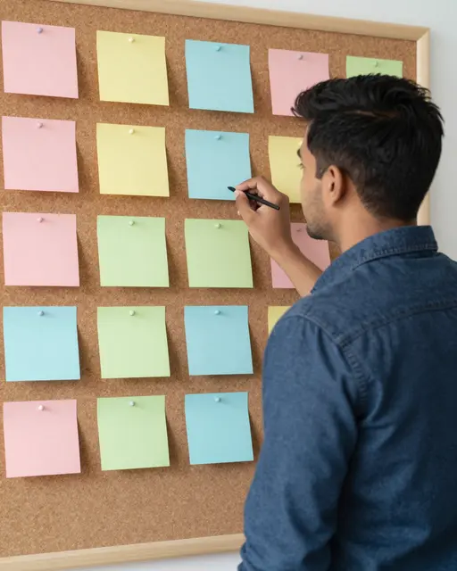 South Asian man holds a pen while reviewing pastel sticky notes pinned to a framed cork board