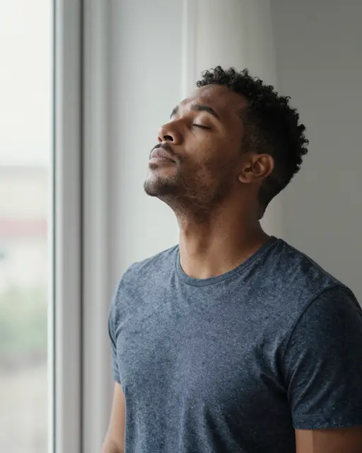 Thirties mixed-race man with closed eyes takes a deep breath next to a bright window in soft morning light