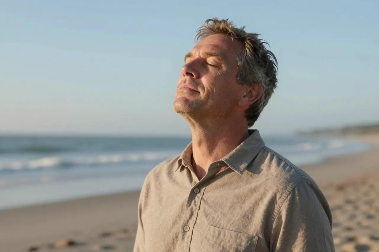 A middle-aged man with closed eyes and face lifted stands breathing deeply on a quiet dawn beach