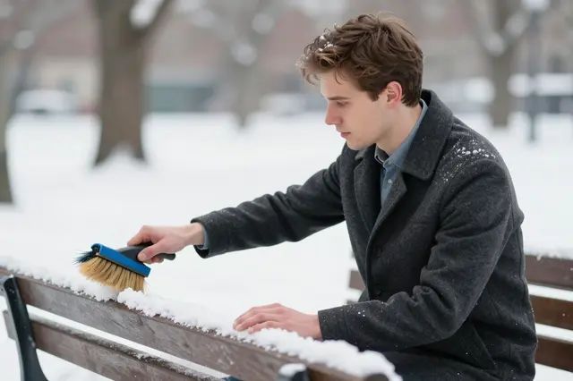 A side view of a man in a wool coat brushing snow from a wooden park bench in a snowy park