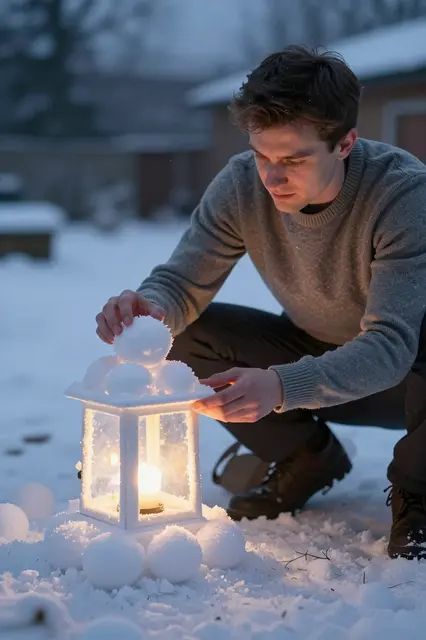 A man in a gray sweater crouches in snow arranging snowballs around a lit lantern at twilight.