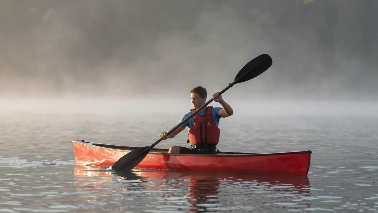 An adult man paddles a red canoe across calm foggy lake water at sunrise