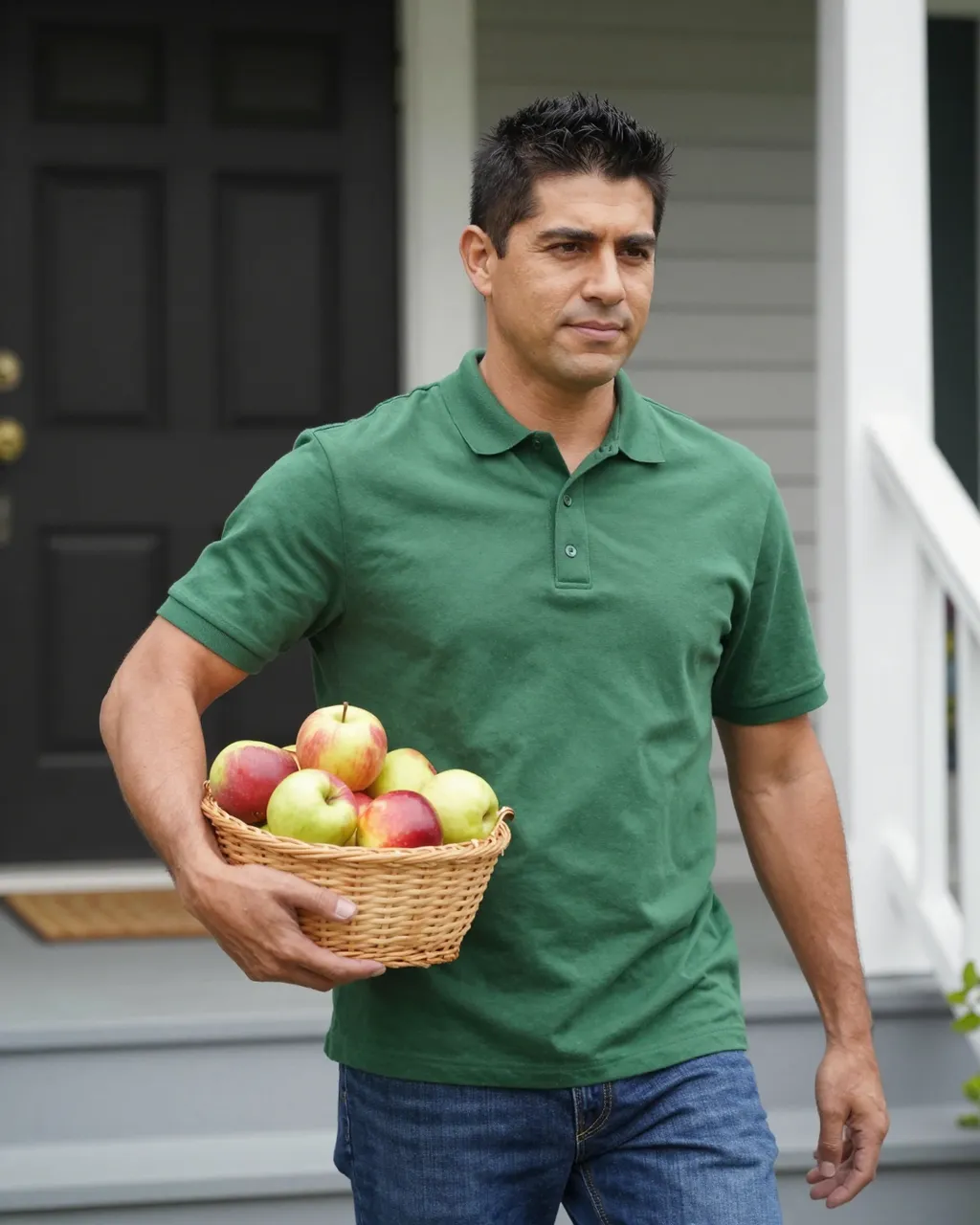 Middle aged Latino man holding a wicker basket of mixed apples walking down a home porch
