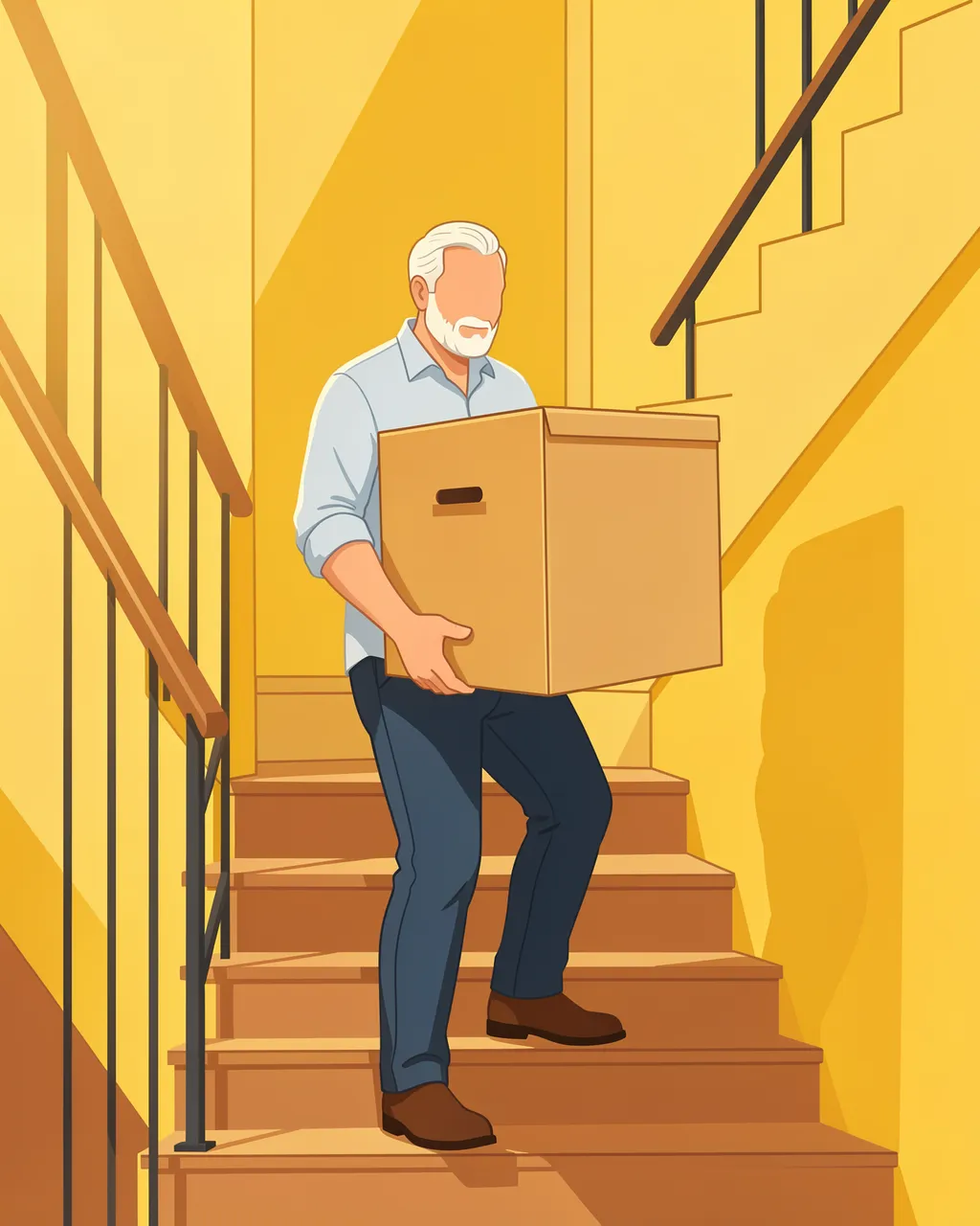 Faceless older man carries a plain cardboard box while walking up warm yellow apartment staircase