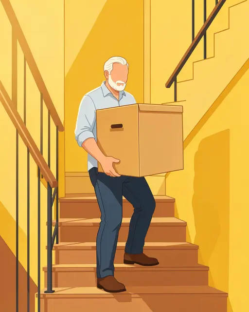 Faceless older man carries a plain cardboard box while walking up warm yellow apartment staircase
