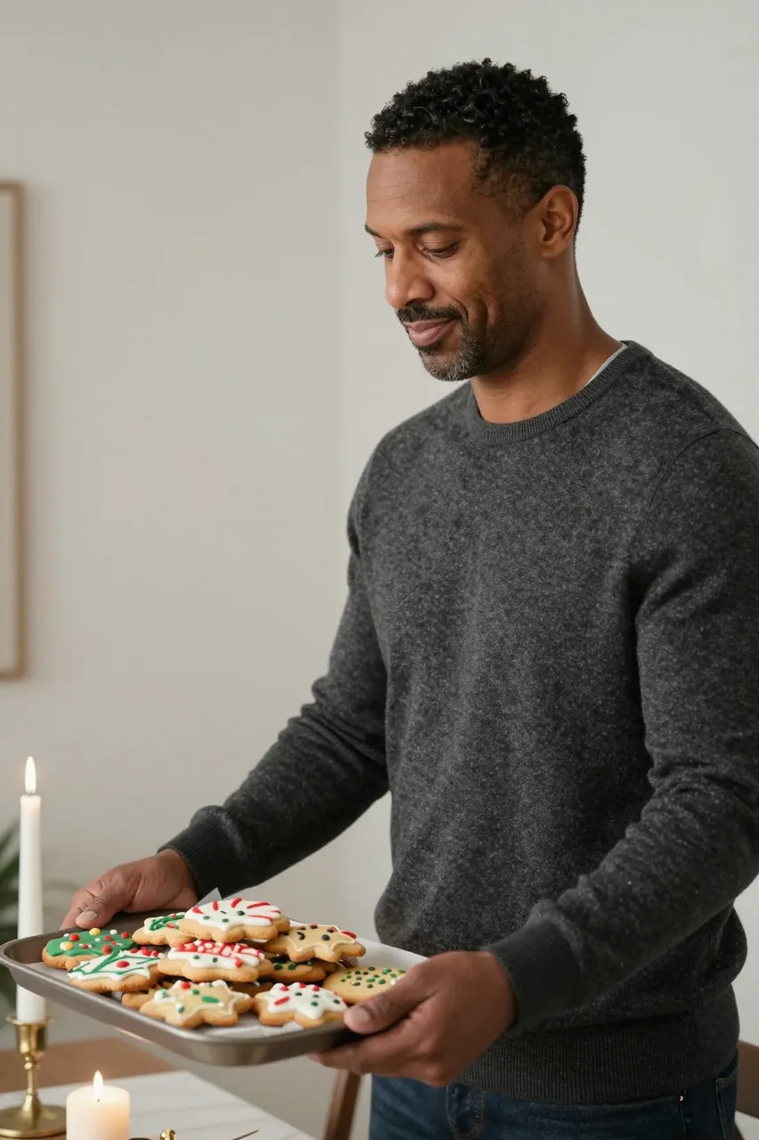 Mixed-race man in a gray sweater holds a tray of decorated Christmas cookies beside a candlelit table.