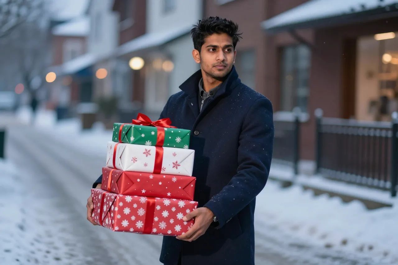 South Asian man in a navy coat holds stacked wrapped Christmas gifts on a snowy residential street at dusk