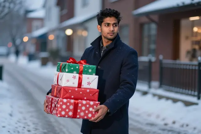 South Asian man in a navy coat holds stacked wrapped Christmas gifts on a snowy residential street at dusk