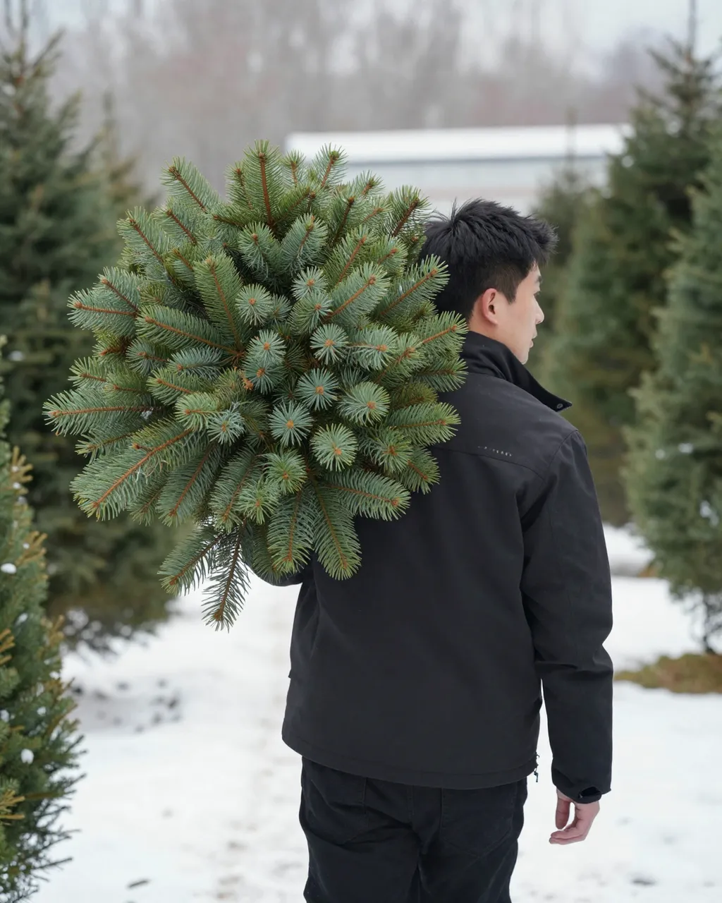 East Asian man in his thirties carries a fresh fir tree over his shoulder at a snowy tree farm