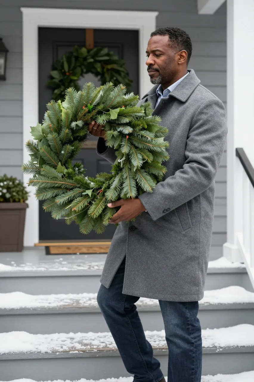 Middle aged Black man in a gray peacoat holds a fresh evergreen wreath on a snowy front porch