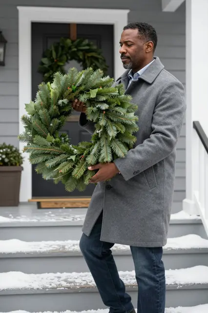 Middle aged Black man in a gray peacoat holds a fresh evergreen wreath on a snowy front porch