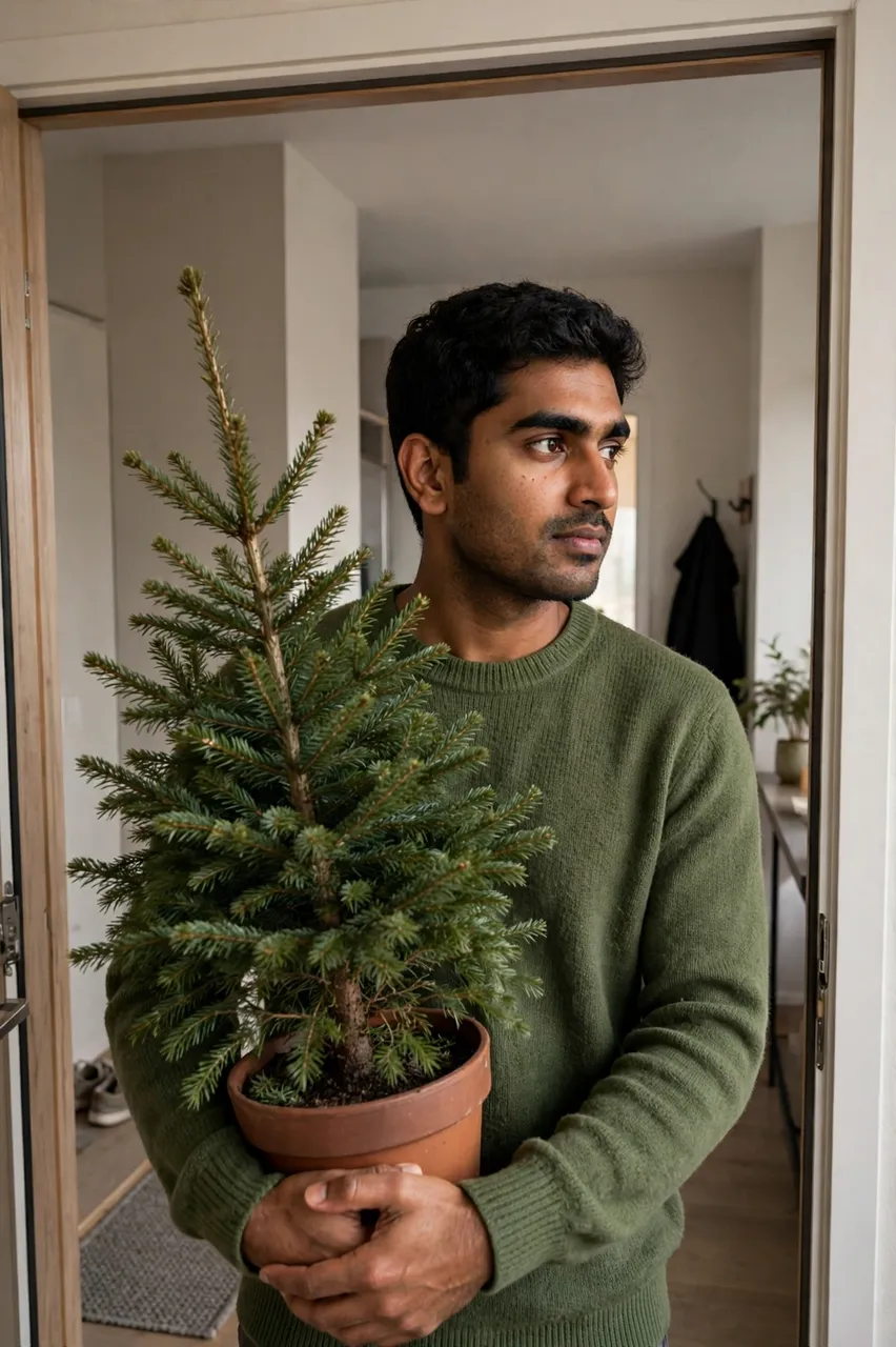 South Asian man in a moss green sweater holds a potted small evergreen tree in an apartment doorway.