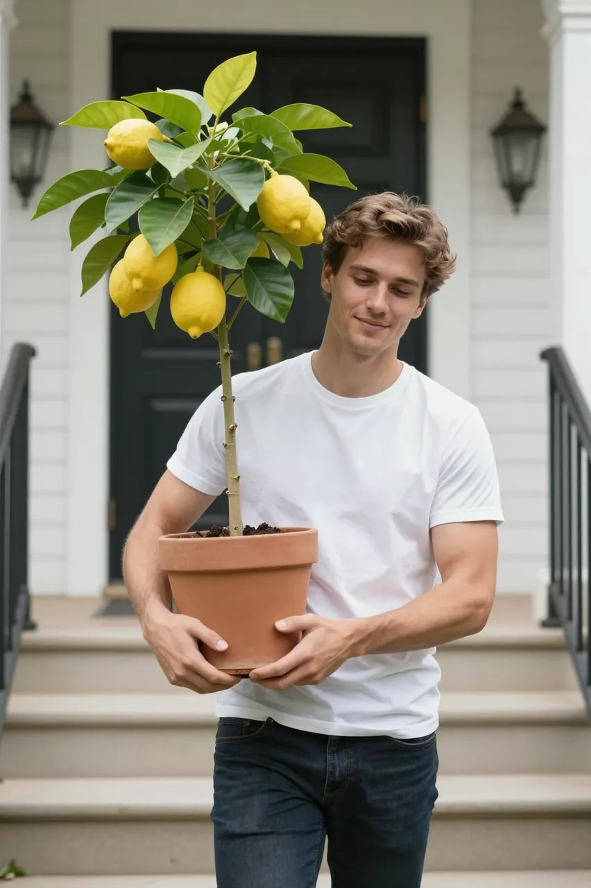 A young man holds a terracotta potted lemon tree while standing on home front steps