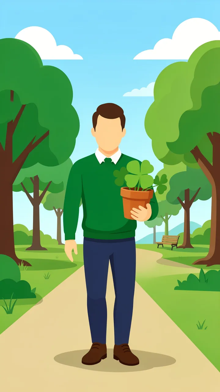 Faceless man in a green sweater holds a potted shamrock while standing on a sunny park path