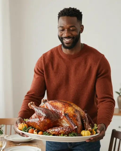 Smiling Black man in a rust sweater holds a platter of roasted Thanksgiving turkey toward the dining table.