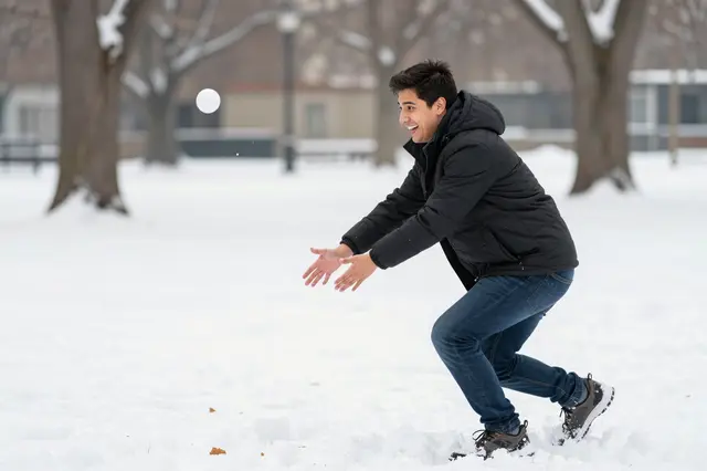 Laughing young Latino man reaches out to catch a flying snowball in a snow covered urban park