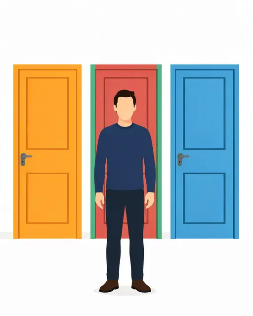 Faceless man stands between three differently colored closed doors representing a choice concept