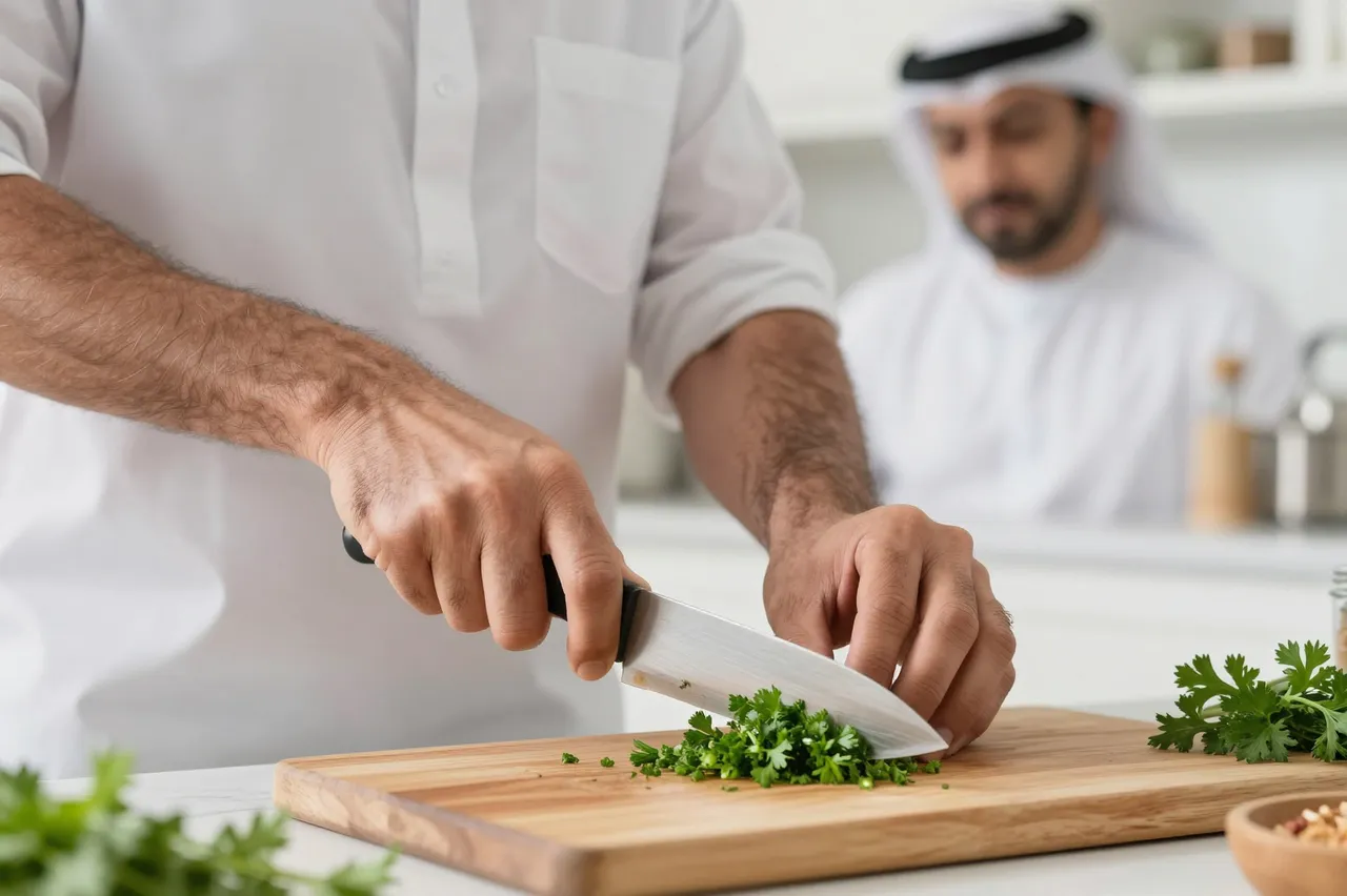 Close-up of a Middle Eastern man chopping parsley on a wooden cutting board, with another man in traditional clothing out of